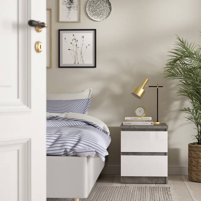 Bertraut Bedside 2 Drawers in Concrete/White high gloss - Grey (49.5cm H X 40.4cm W X 50cm D)