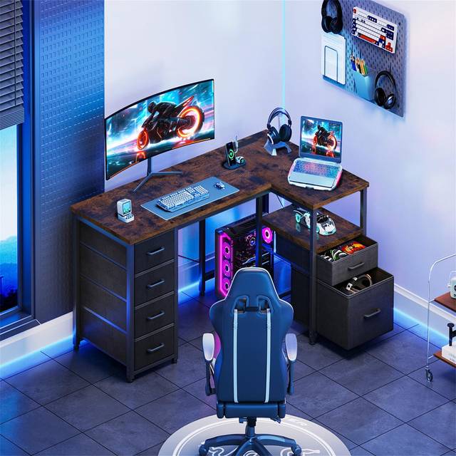 Corner Computer Desk With 1 Filing Cabinet And 5 Linen Drawers, L-Shaped Desk With Power Outlets, Computer Desk With Storage - Black