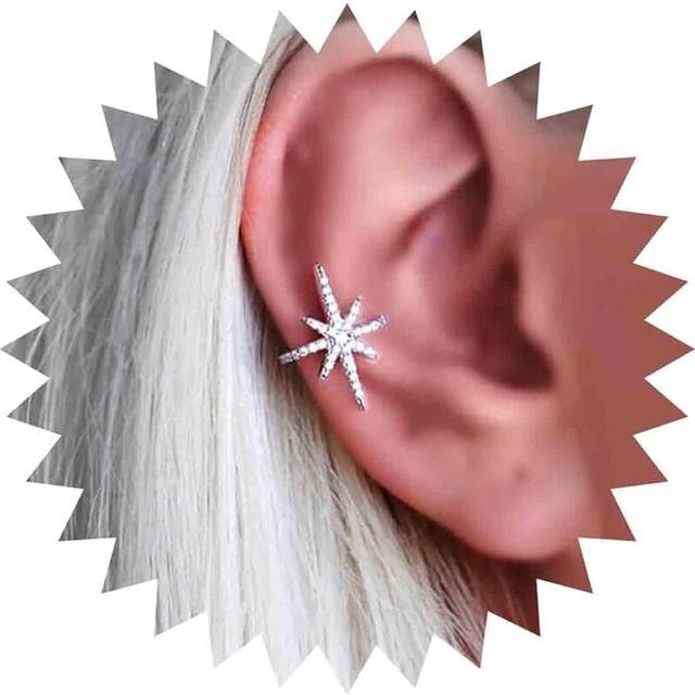 Silver Cuff Earrings Silver Star Burst CZ Pave Star Stud Earrings Small Non-Piercing Clip Jewelry for Women Girls (Silver) 1pc