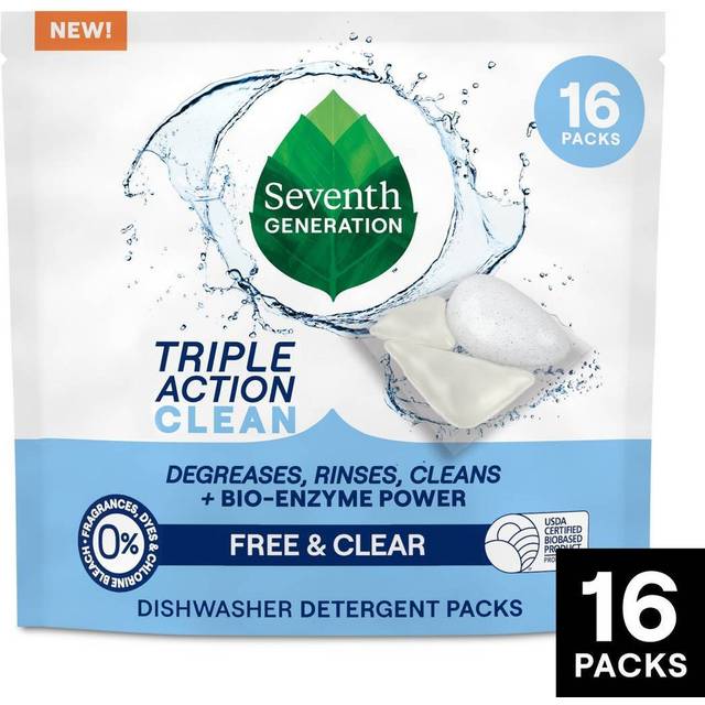 Seventh Generation Triple Action Dishwasher Detergent Packs Free & Clear 16 Packs
