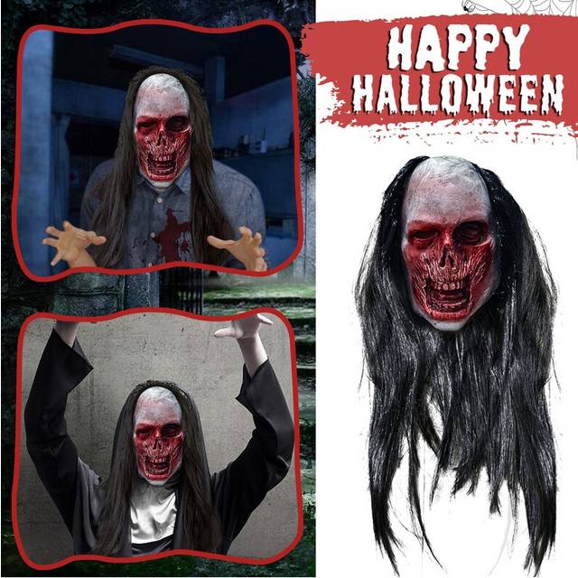 (Black-4) Creepy Halloween Zombie Mask The Evil Cosplay Props Long Hair Scary Mask