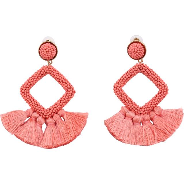 Beaded Tassel Earrings Statement Fringe Drop Pink