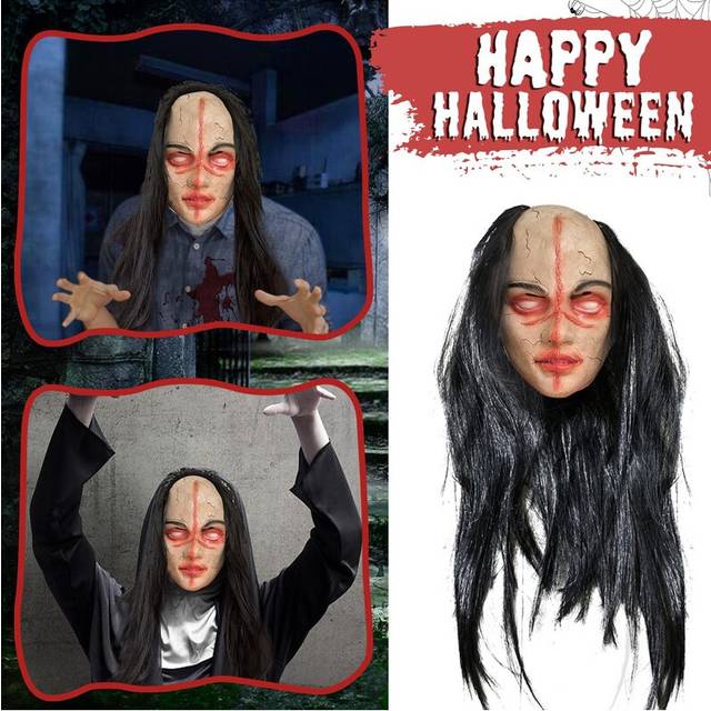 (Black-9) Creepy Halloween Zombie Mask The Evil Cosplay Props Long Hair Scary Mask