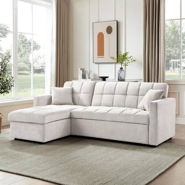 Harriet Upholstered Sofa & Chaise - White Linen (82cm H X 210cm W X 145cm D)
