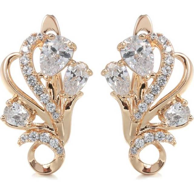 (rose gold) Kinel Shiny Natural Zircon Crystal Flower Drop Earrings Rose Gold Jewelry