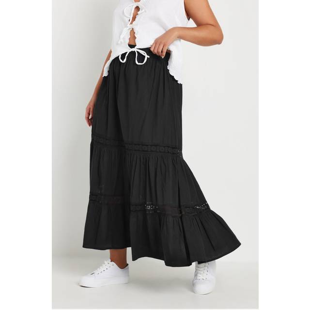 Yours Curve Black Cotton Tiered Maxi Skirt, Women's Curve & Plus Size, Yours - 34-36