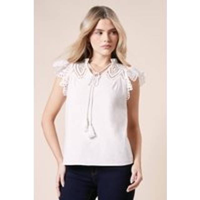 Womens Cut-work Yoke Sleeveless Blouse - Ivory - 16