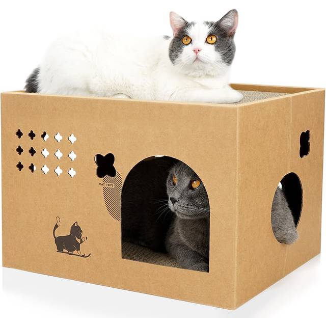 Large Cat Cardboard House with 2 Scratching Pads, Detachable Scratcher Box for Indoor Cats - Cactus (30cm H X 30cm W X 16.9cm D)