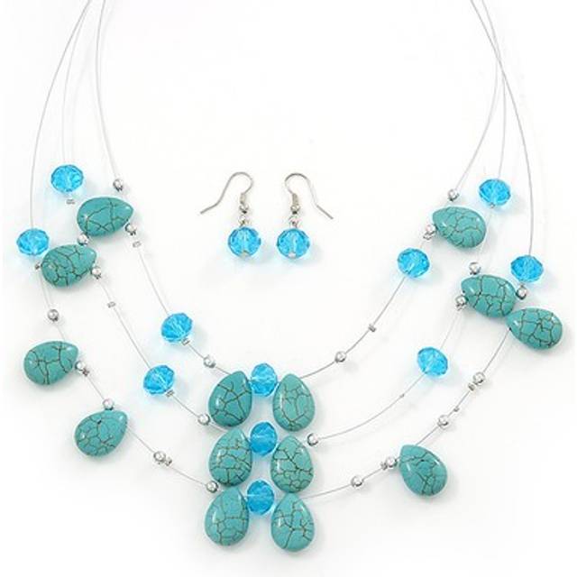 Turquoise & crystal floating bead necklace & drop earring set - 52cm length/