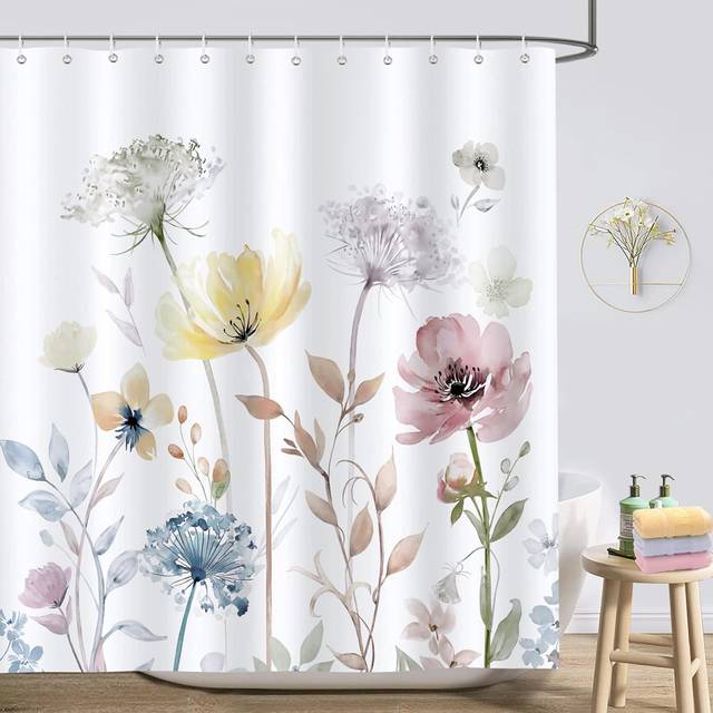 Watercolour Floral Shower Curtain with 12 Hooks - Watercolor Floral (183cm H X 183cm W)