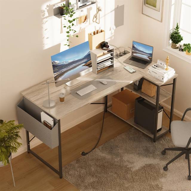 Small L-Shaped Desk With Power Socket Corner Computer Desk Writing Desk With Flip-Top Large Storage Shelf - Grey (10cm W X 10cm D)