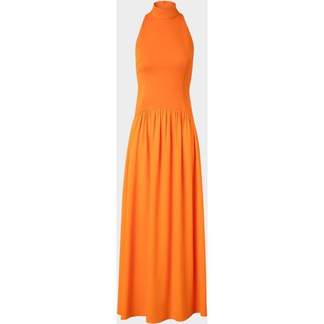 Mixed-Media Jersey Halter Seersucker Pleated Skirt Dress - ORANGE - 4