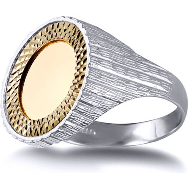(K) Jewelco London Solid Sterling Silver Ribbed Barked Quarter Sovereign Coin Mount Ring - 9ct Gold Bezel - XRN115-Q