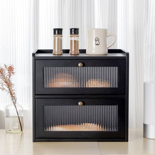 Double-Decker Wooden Bread Bin – Vintage Front-Opening Storage for Homemade Bread, Keeps Fresh. - Black