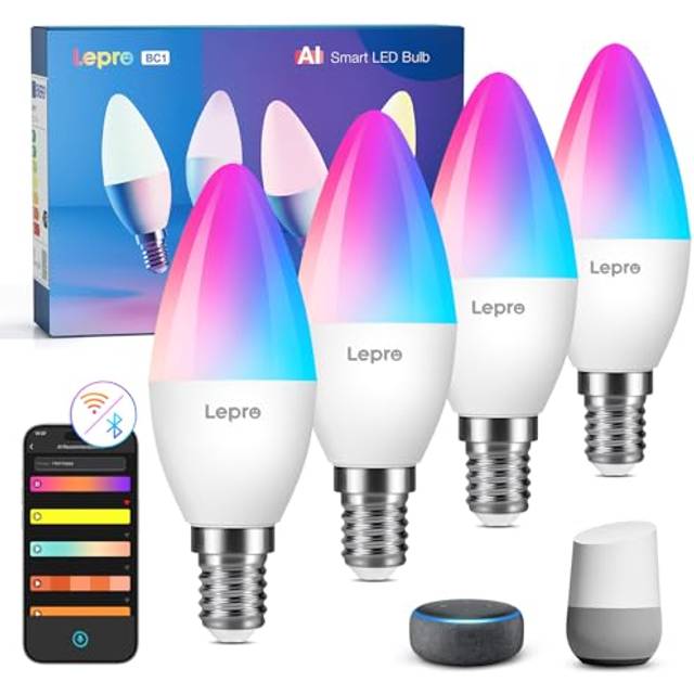 Lepro BC1 AI Smart Bulb E14, Music Sync WiFi Bulb, Voice Control, AI Lighting Design Assistant, Bluetooth Color Changing Light Bulb, RGBCCT Candle Bul