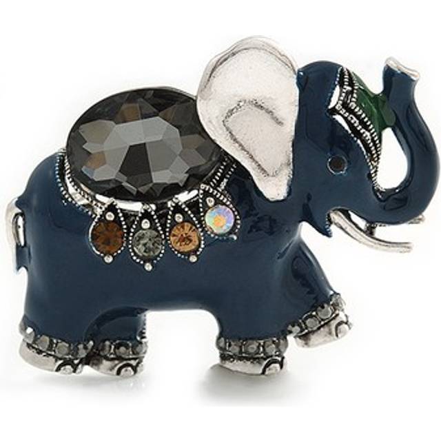 Vintage inspired blue enamel, crystal elephant brooch in aged silver tone -