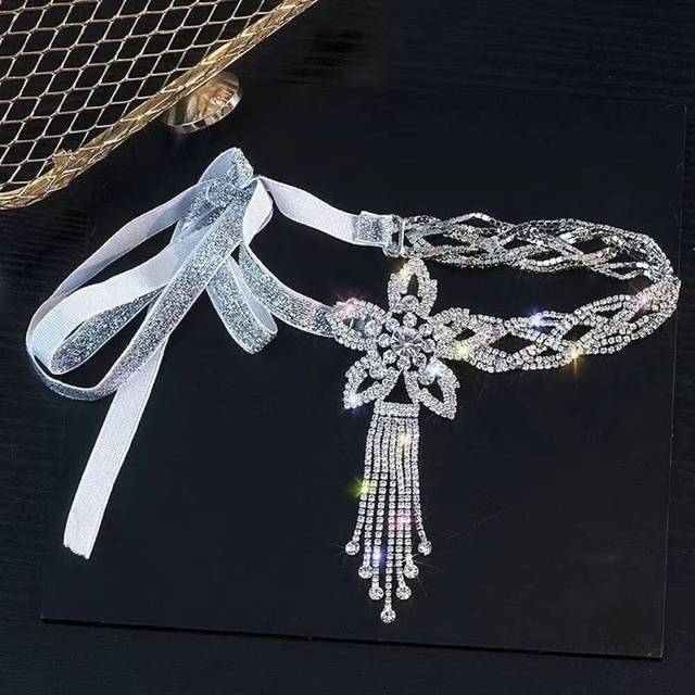 Crystal tassel exaggerated necklace shiny lace up necklace wedding