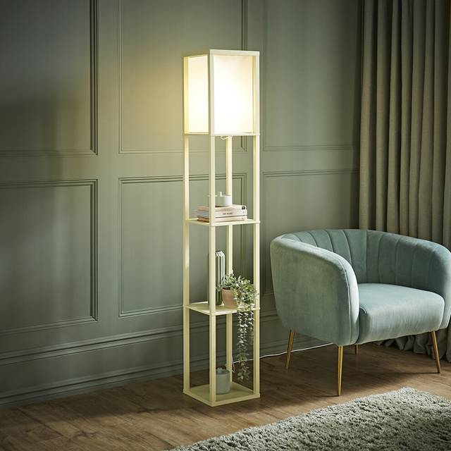 ValueLights Struttura Pastel Yellow Wood Shelving Square Floor Lamp