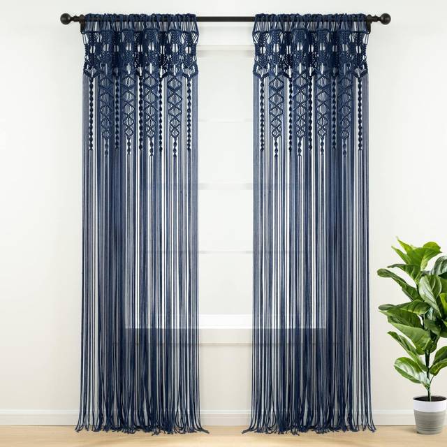 Grey 40&#34;W x 84&#34;L Boho Macrame Textured Cotton Single Window Curtain Panel - Navy (101.6cm W X 213.36cm H)