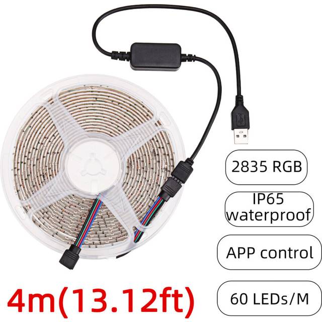 (4M) 1-5M USB LED Lights Strip 2835 RGB APP Control IP65 Waterproof TV Back Light Waterproof