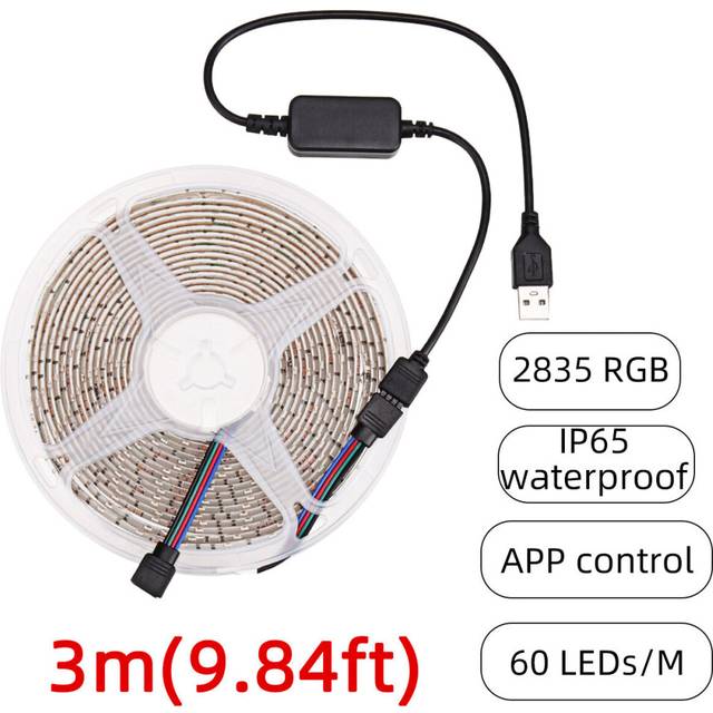 (3M) 1-5M USB LED Lights Strip 2835 RGB APP Control IP65 Waterproof TV Back Light Waterproof