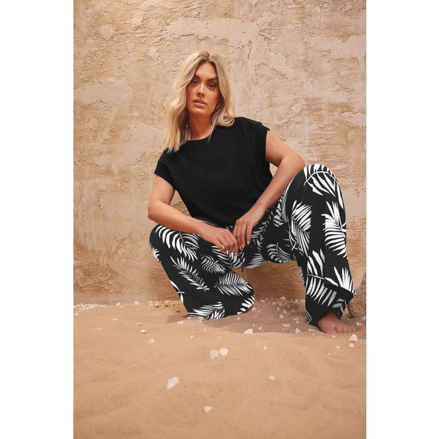 Yours Curve Black & White Palm Print Crinkle Wide Leg Trousers, Women's Curve & Plus Size, Yours - 18