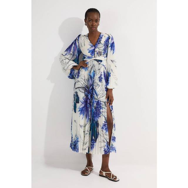 Floral Balloon Sleeve Pleated Crinkle Cut Out Woven Maxi Dress - Blue