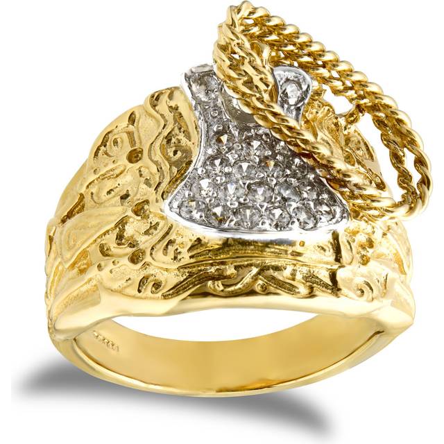 (R) Jewelco London Men's Solid 9ct Yellow Gold White Round Brilliant Cubic Zirconia Horse Saddle Rope Ring