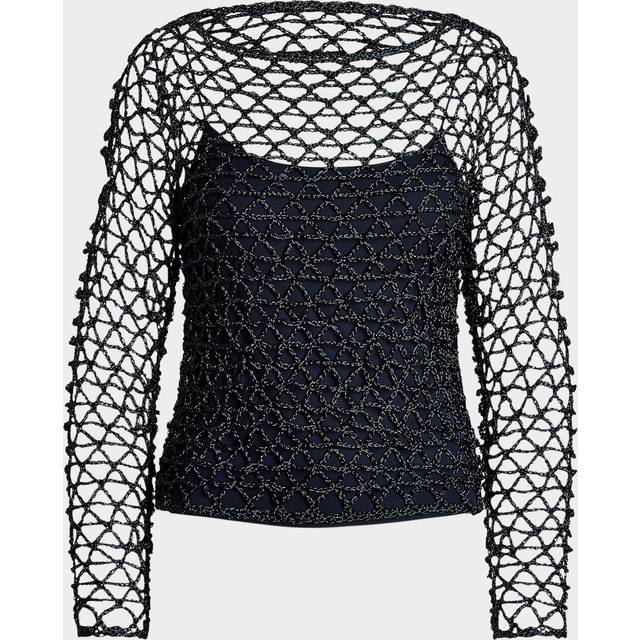 Boat-Neck Metallic Crochet Knit Sweater - NAVY - Medium