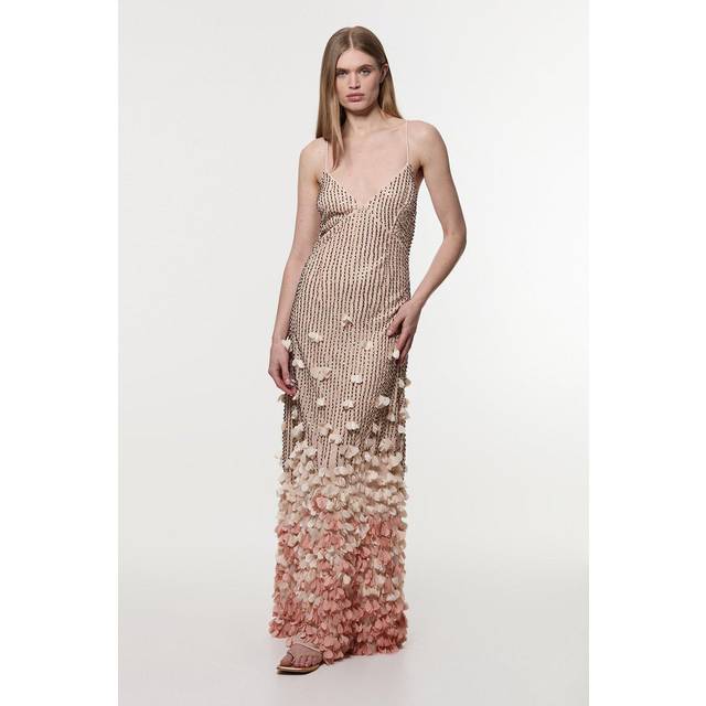 Crystal Applique Woven Strappy Maxi Dress - Pink