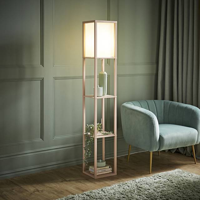 ValueLights Struttura Pastel Pink Wood Shelving Floor Lamp & Bulb