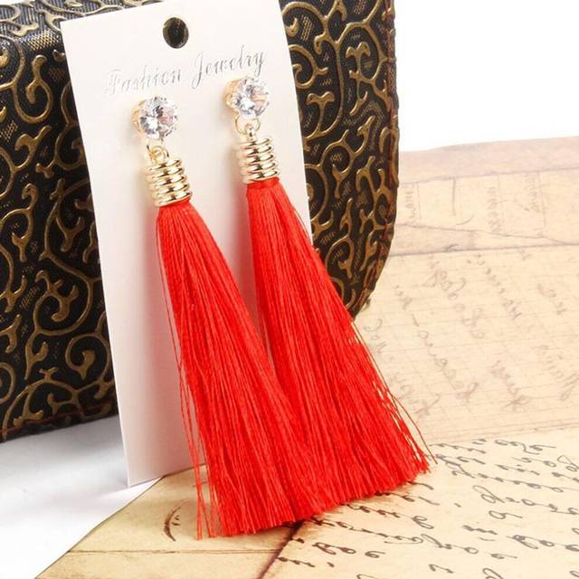 (red) Bohemian Tassel Earring Black White Blue Red Silk Fabric Long Drop Dangle Earrings For Women Jewelry