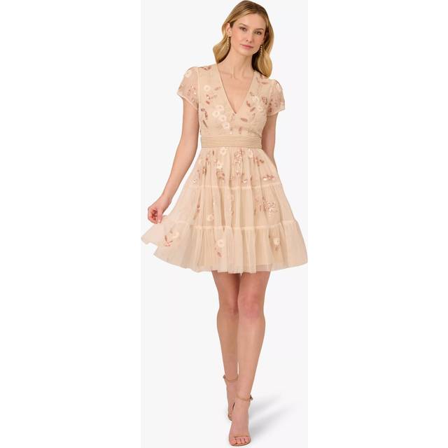 Adrianna Papell Beaded Mesh Cocktail Dress, Pale Pink
