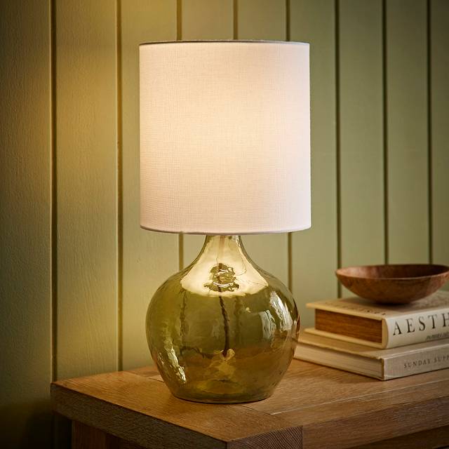 Emily Natural Linen Drum Shade Dark Green Glass Teardrop Table Lamp and LED Bulb (37.5cm H X 18.5cm W X 18.5cm D)