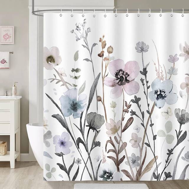 Watercolour Floral Shower Curtain with 12 Hooks - Grey Flower (183cm H X 183cm W)