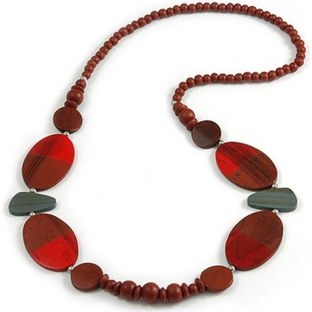 Geometric painted wooden bead long necklace in brown, red, grey - 90cm l