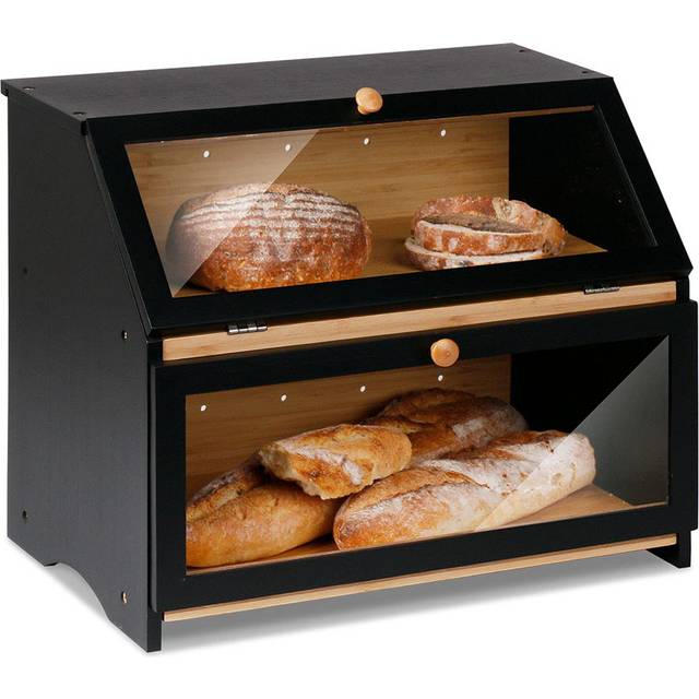 Double Decker Bamboo Bread Bin, 2-Layer Large Capacity Bread Storage for Kitchen Countertop - Black
