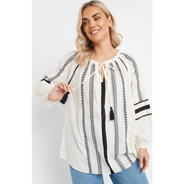 Yours Curve Cream Embroidered Tie Neck Blouse, Women's Curve & Plus Size, Yours - White - 18