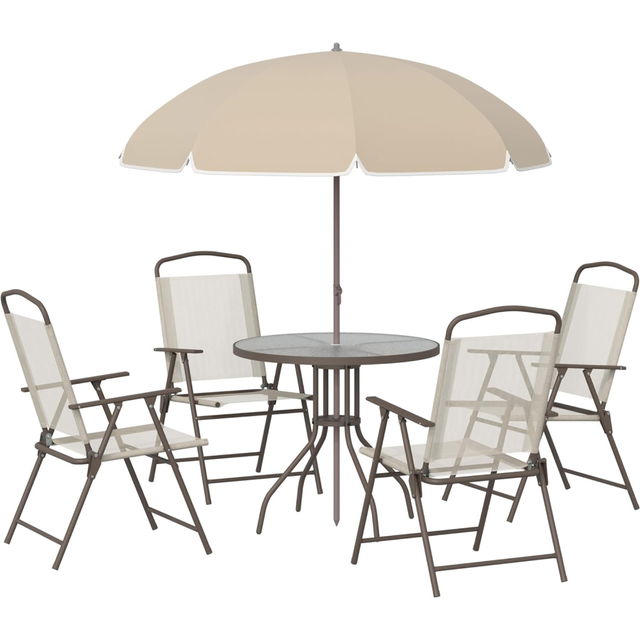 Outsunny 6 Piece Garden Dining Set with Umbrella, Patio Sets with Parasol with 4 Folding Dining Chairs & Round Tempered