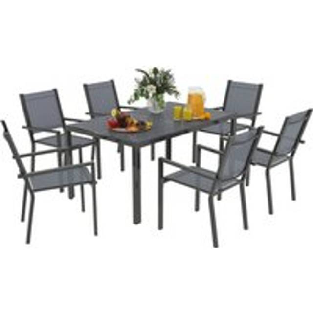 Outsunny 7 Piece Garden Dining Set, Outdoor Furniture w/ 6 Stackable Chairs, Grey