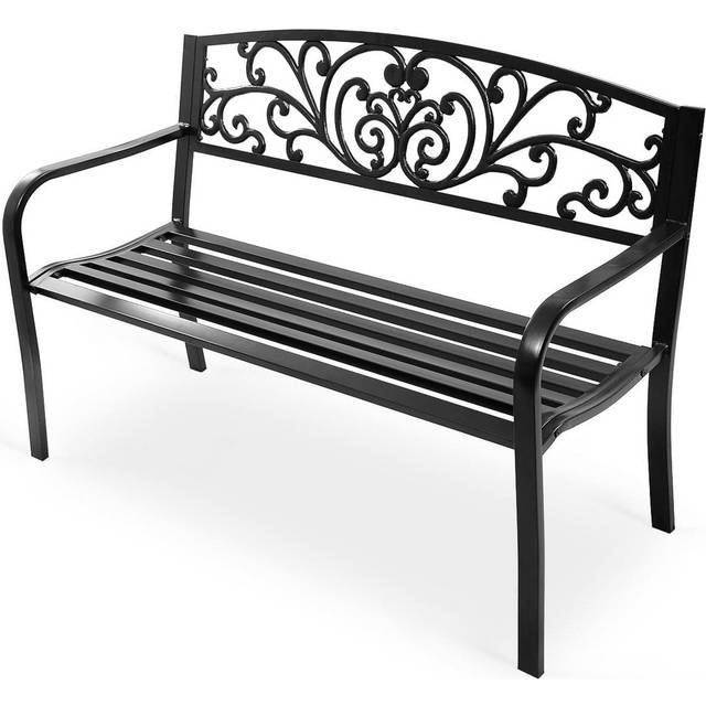 Metal Garden Bench Patio Park Bench With Curved Seat& Armrests-Black