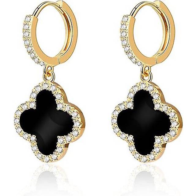 (2, One size) Gold Dangle Earrings, 14K Gold Plated Small Huggie Hoop Earrings with Clover Charms, Dainty Drop Dangle Earrings for Women
