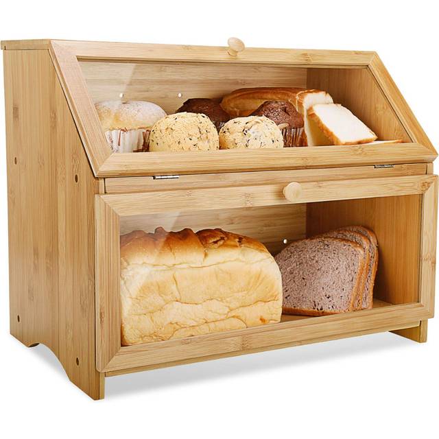 Double Decker Wooden Bread Bin Clear Front Kitchen Food Loaf Storage Container