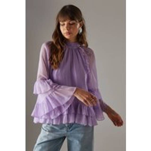 Womens Bow Back Ruffle Boho Top With Flared Sleeve - Purple - 8