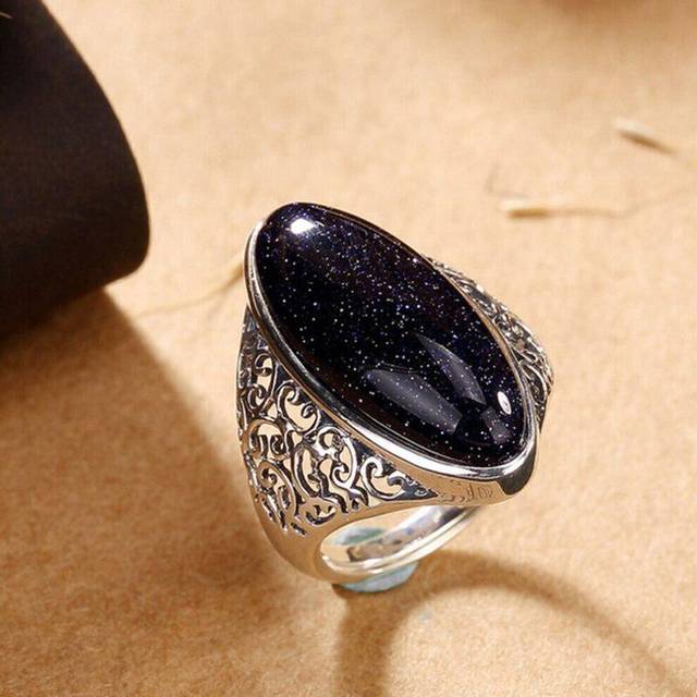 (black, 8) Rings Women Silver Plated Jewelry Vintage Blue Aventurine Hollow Elegant Finger Ring Gift