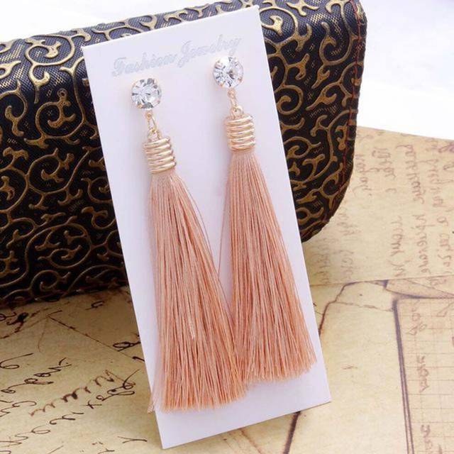 (champagne) Bohemian Tassel Earring Black White Blue Red Silk Fabric Long Drop Dangle Earrings For Women Jewelry