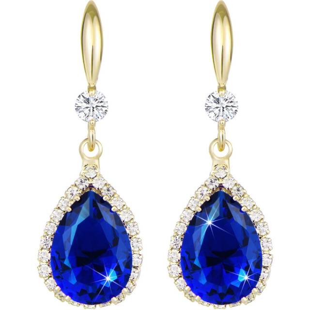 Linawe Sapphire 14K Gold Drop Dangle Earrings Royal Blue Crystal Diamond Rhinestone Dangling Navy Birthstone Teardrop Cubic Zirconia Wedding Jewelry C