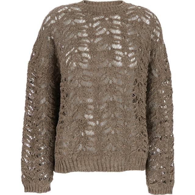 Paillette Lace Knit Crewneck Sweater - CHOCOLATE - Medium