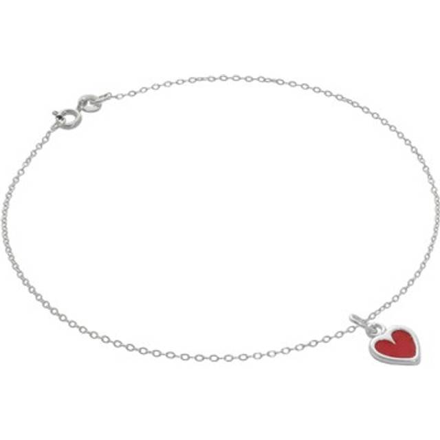 Fine Sterling Silver Belcher Anklet with Red Enamel Heart Charm - 10 Inches