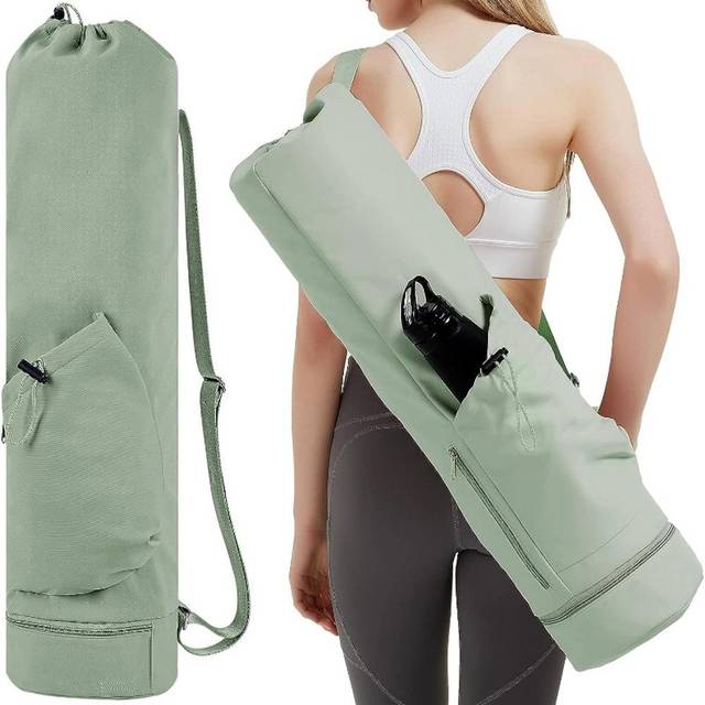 Yoga Mat Bag Portable Fitness Exercise Mat Carrier with Water Bottle Pocket, Bottom Wet Pocket, beige